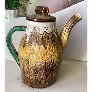 Handmade TeaPot Pitcher Glazed Pottery Brown Drip Design Unique Country Decor